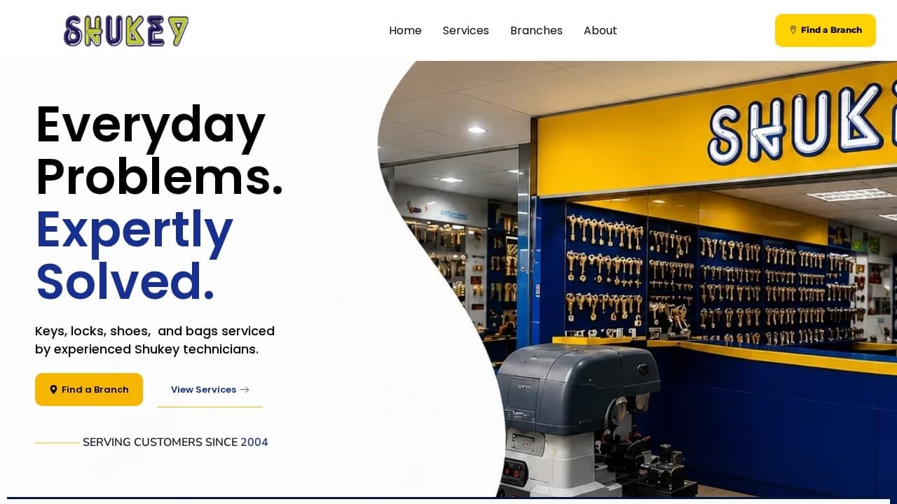 Shukey Philippines homepage with its store photograph, service introduction, and Find a Branch action