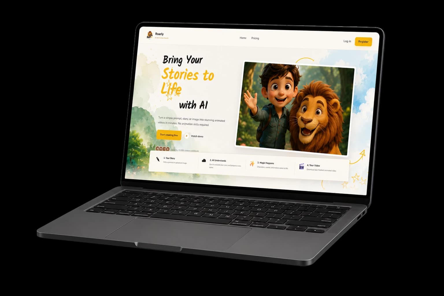 Roarly product website displayed on a real space-black laptop